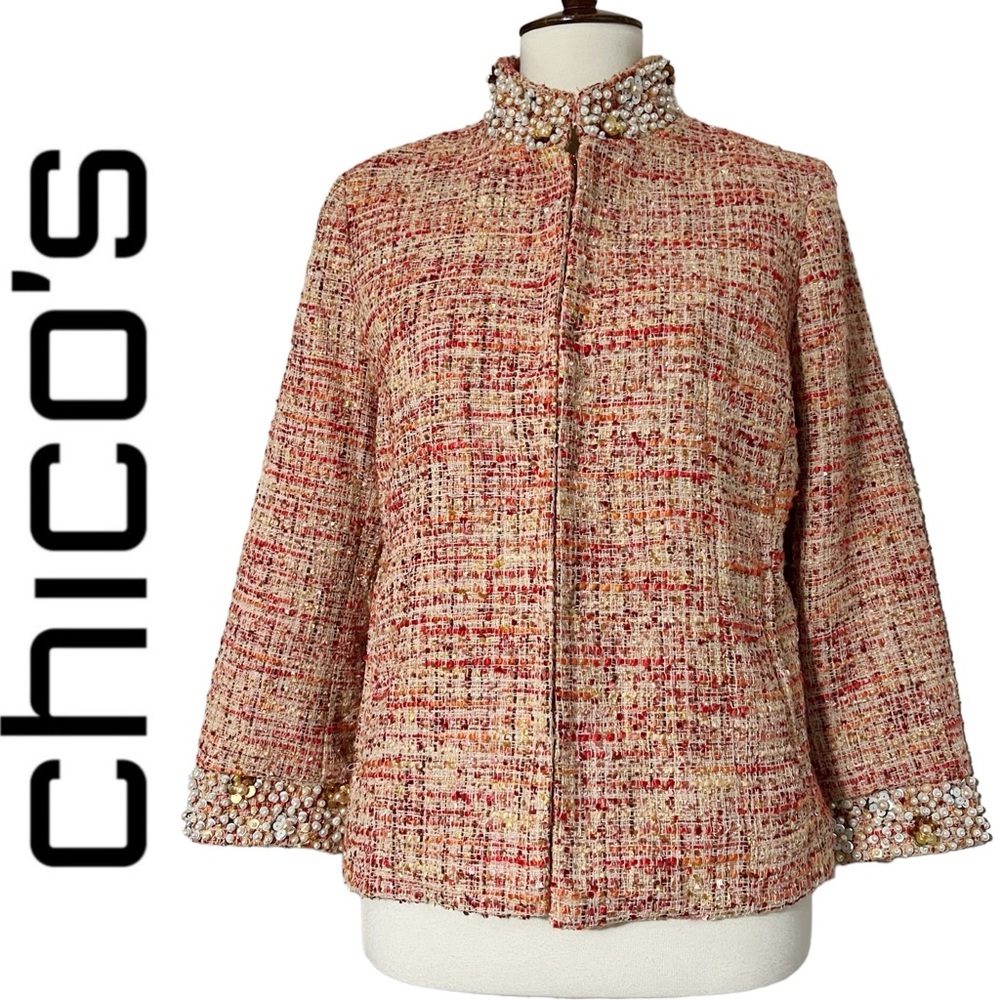 Chico's Embellished Tweed Jacket Womens‎ Size 1 US Medium.